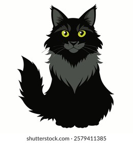 Cute cartoon black cat Maine Coon  isolated on white background. Suitable for educational poster, logo, children's books and  encyclopedias. Vector illustration.