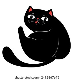 Cute cartoon black cat. The orange cat washes, licks a paw. Cat is washing itself.  Isolated vector illustration on white background