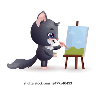 Cute cartoon black cat is painting picture on white background. Vector illustration.