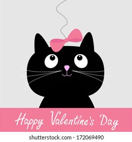 Cute Cartoon Black Cat With Pink Bow. Happy Valentines Day Card. Vector Illustration. 