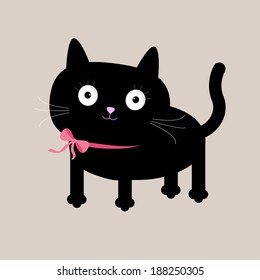 Cute cartoon black cat with pink bow at the neck. Vector illustration. 