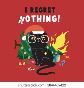 Cute cartoon black cat playing with a Christmas ball. Concept for funny postcard, Merry Christmas and Happy New Year, stickers. Isolated vector illustrations.T shirt Graphic print.