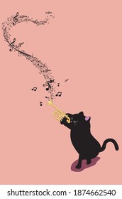 Cute cartoon black cat playing trumpet illustration.