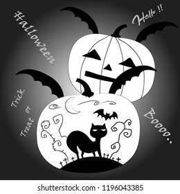  Cute cartoon a black cat in a pumpkin bat, a pumpkin ghost,  illustration vector by freehand doodle comic art.