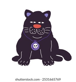 A cute cartoon black cat with a purple skull pendant is sitting.A funny character for the Halloween holiday. Vector illustration.