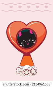 Cute cartoon black cat in a red rocket heart, valentines day illustration.