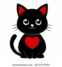 Cute cartoon black cat with red heart isolated on white background. Front view. Vector illustration