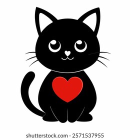 Cute cartoon black cat with red heart isolated on white background. Front view. Vector illustration