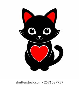 Cute cartoon black cat with red heart isolated on white background. Front view. Vector illustration