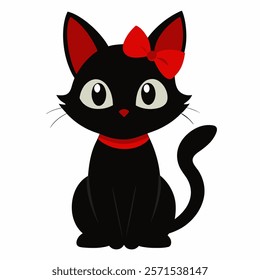 Cute cartoon black cat with red bow isolated on white background. Front view. Vector illustration