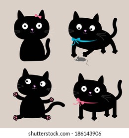 Cute cartoon black cat set. Funny collection. Vector illustration. 