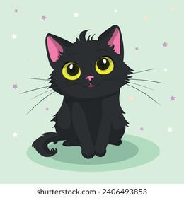 Cute cartoon black cat sitting. Funny kawaii animal. Vector illustration