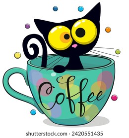 Cute Cartoon black cat is sitting in a Green Cup 