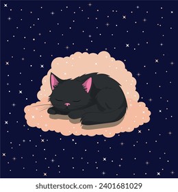 Cute cartoon black cat sleeping on a cloud. Starry night all around. Vector illustration. 