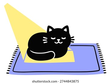 Cute cartoon black cat sleeping on a rug in ray of sunlight. Simple doodle drawing, isolated vector clip art illustration.