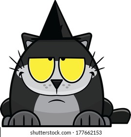 Cute cartoon black cat with a sly smile, wearing a witches hat. 