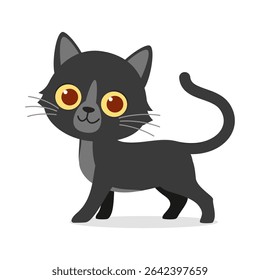 Cute Cartoon Black Cat Standing and Looking Forward with a Curious Expression on White Background