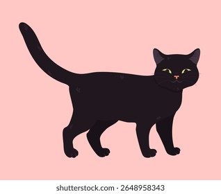 Fofo desenho animado gato preto está em pé e sorrindo. Fofo bonito. Ilustração vetorial