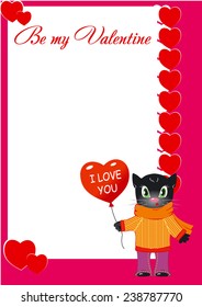 Cute cartoon black cat sweater with a scarf. Happy Valentine's Day card. Vector illustration.