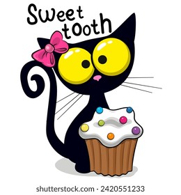 Cute Cartoon Black Cat Sweet tooth with Cupcake