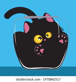 Cute cartoon black cat trapped in the glass bowl background.