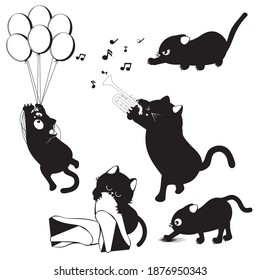 Cute cartoon black cat in various poses design.