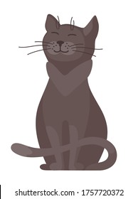 Cute cartoon black cat. Vector Illustration. Cat sits with closed eyes, pulled his head up, laid tail in front of him. Satisfied, well-fed male cat isolated on white background. Happy pet flat style