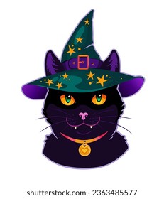 Cute cartoon black cat wearing a witch hat