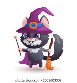 Cute cartoon black cat in witch's hat with broom and wand. Little wizard. Vector illustration.