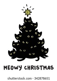 Cute cartoon black cats Christmas tree silhouette with text Meowy Christmas. Funny greeting card vector illustration.