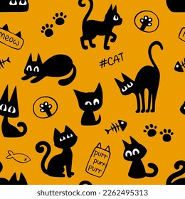 Cute cartoon black cats halloween seamless pattern. Cats vector background for halloween and other design. Funny cats, inscriptions and paws on a yellow-orange background. Stock vector