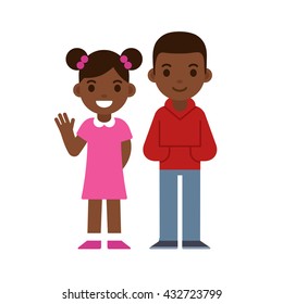 Cute cartoon black children smiling and waving, boy and girl. Brother and sister or two friends. African American kids vector illustration.