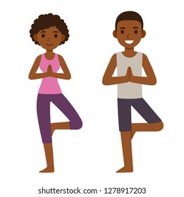 Cute Cartoon Black Couple Doing Yoga. Young Man And Woman In Tree Pose Asana. Simple And Modern Flat Vector Style Illustration.