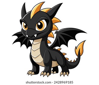 Cute cartoon black dragon. Fairy cute dragonfly. Baby fire dragon or dinosaur cute character isolated vector. Fairytale monster.