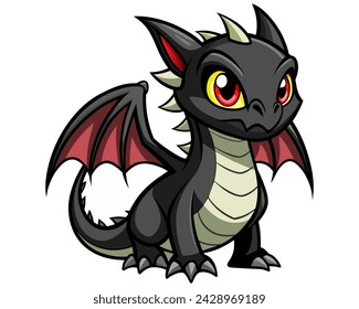 Cute cartoon black dragon. Fairy cute dragonfly. Baby fire dragon or dinosaur cute character isolated vector. Fairytale monster.