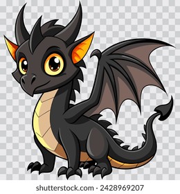 Cute cartoon black dragon. Fairy cute dragonfly. Baby fire dragon or dinosaur cute character isolated on transparent background vector. Fairytale monster.