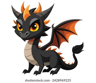 Cute cartoon black dragon. Fairy cute dragonfly. Baby fire dragon or dinosaur cute character isolated vector. Fairytale monster.