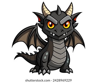 Cute cartoon black dragon. Fairy cute dragonfly. Baby fire dragon or dinosaur cute character isolated vector. Fairytale monster.