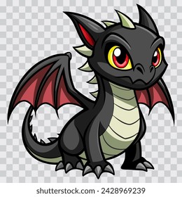 Cute cartoon black dragon. Fairy cute dragonfly. Baby fire dragon or dinosaur cute character isolated on transparent background vector. Fairytale monster.