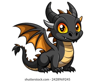 Cute cartoon black dragon. Fairy cute dragonfly. Baby fire dragon or dinosaur cute character isolated vector. Fairytale monster.