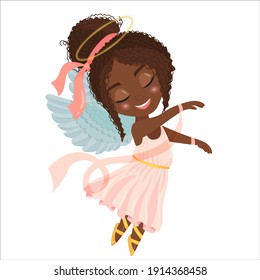 Cute cartoon black girl angel in a pink dress with ribbons. African American child dancing ballet dressed as an angel. Vector illustration isolated on white background.