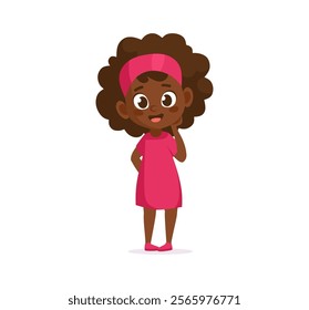 Cute cartoon black girl character in a pink dress vector illustration. Friendly flat style character isolated on white background for children's content, animations, education, sport