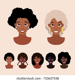 Cute cartoon black girls with natural hairstyles and straightened hair. Pretty African American women faces vector illustration set.