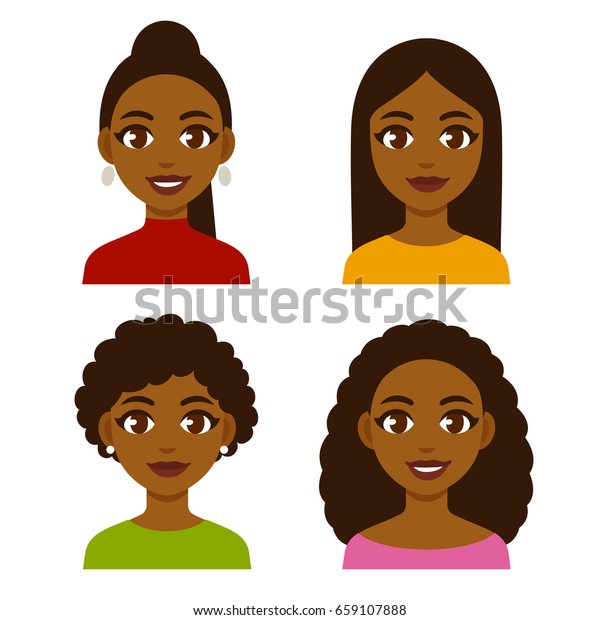 自然の髪型と整髪をしたかわいい漫画の黒い女の子 美しいアフリカ系アメリカ人の女性が顔をしたベクターイラストセット のベクター画像素材 ロイヤリティフリー