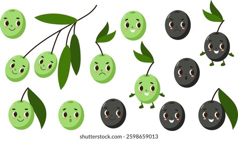 cute cartoon black and green olive characters. Vector flat hand drawn illustration isolated on white background. Children book illustration.	
