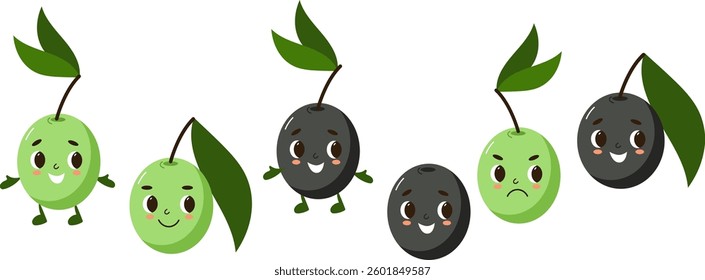cute cartoon black and green olive characters. Vector flat hand drawn illustration isolated on white background. Children book illustration.	
