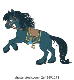 Cute cartoon black horse with lush mane bucks front hooves on white background 