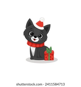Cute cartoon black kitten and gift box Isolated on white. Christmas Illustration for design, banners, children's books and patterns. Funny cat in santa hat. Vector illustration