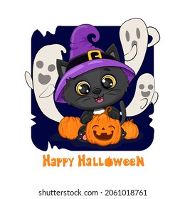 Cute cartoon black kitten in a halloween hat with pumpkin and ghosts on a white background, halloween card.Vector illustration