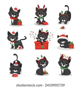 Cute cartoon black kitten Isolated on white. Christmas Illustration for design, banners, children's books and patterns. Funny cat in scarf, santa hat and with gift. Vector illustration 